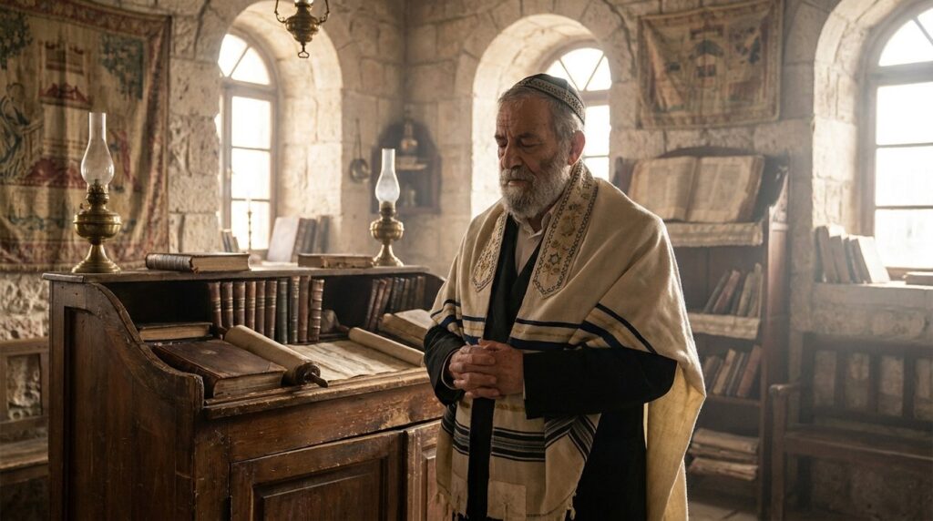 Elderly Jewish man in tallit stands contemplatively in artifact-filled synagogue.