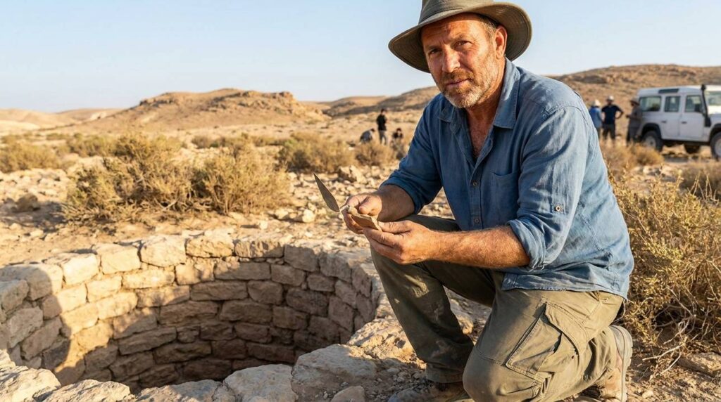Israeli archaeologist examines ancient wells in Gerar with arid backdrop.