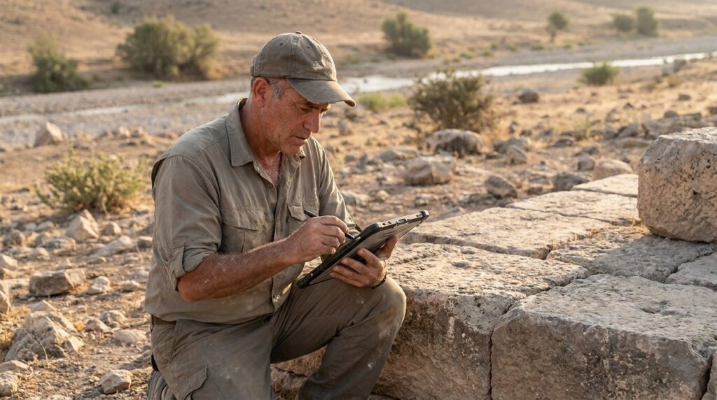 Israeli archaeologist examines stone ruins in Paddan-Aram with digital tablet.