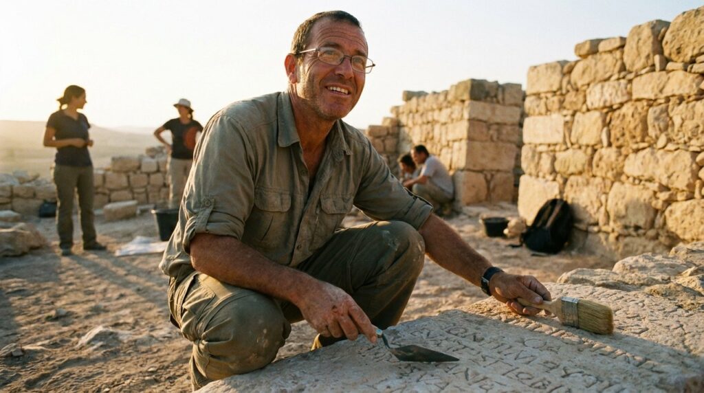 Israeli archaeologist examines ancient ruins in Negev desert during sunset.