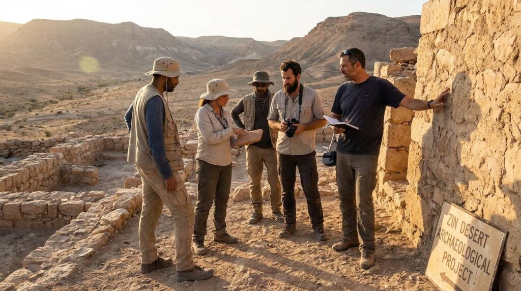 Archaeologists examine ancient ruins in Zin desert at sunset.