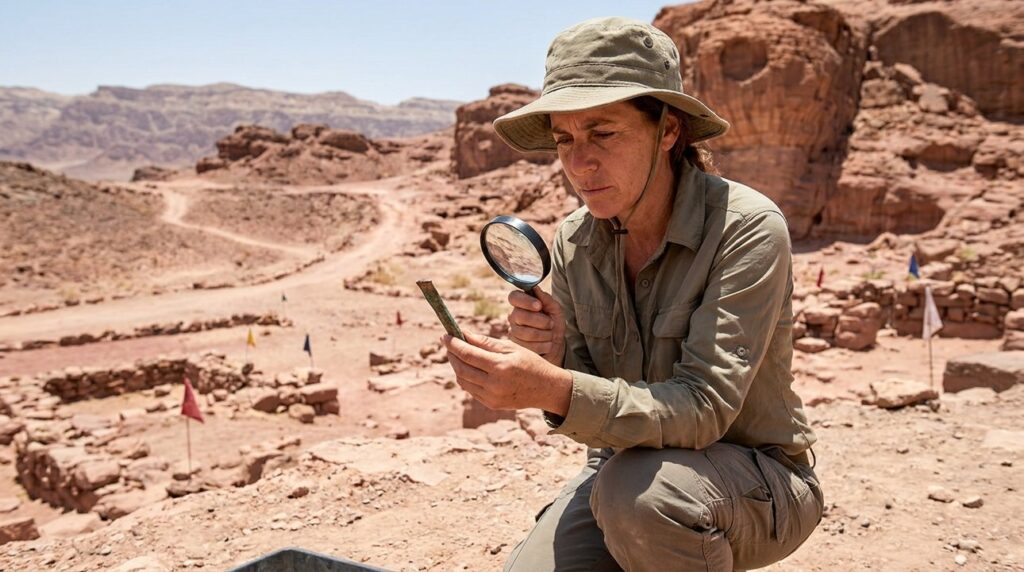 Israeli archaeologist examines ancient copper tools in Timna Valley desert.