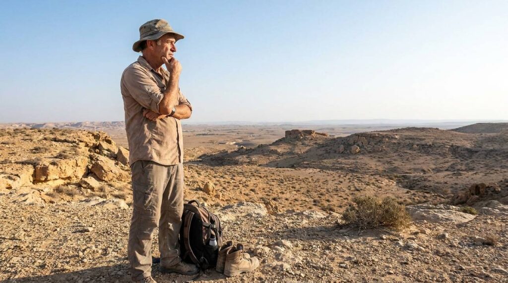 Middle-aged Israeli man standing in Negev desert, looking at horizon.