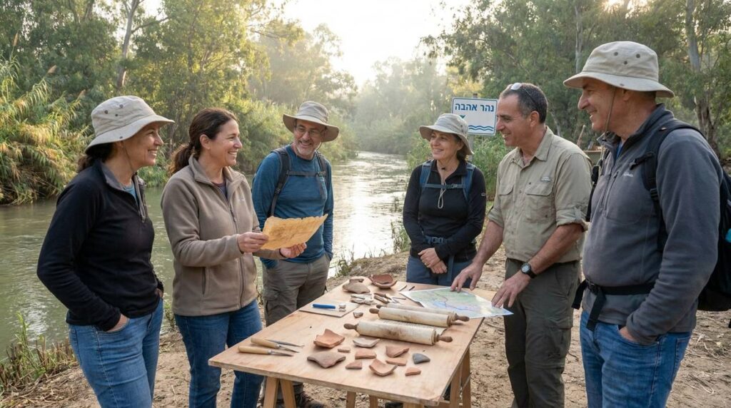 Israeli archaeologists and historians examine artifacts by the Ahava River.