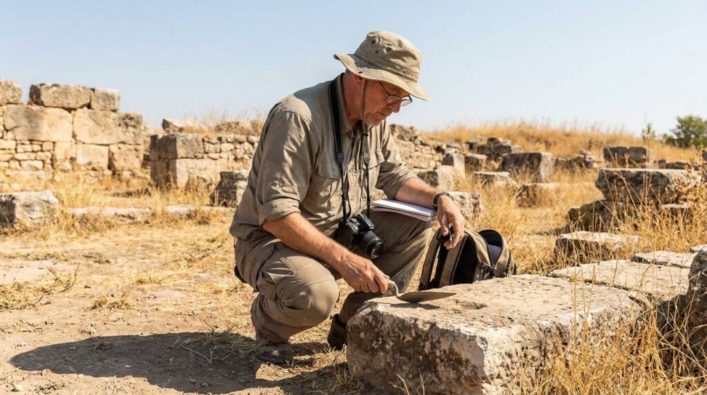 Israeli archaeologist examines ancient ruins at Derbe on sunny day.
