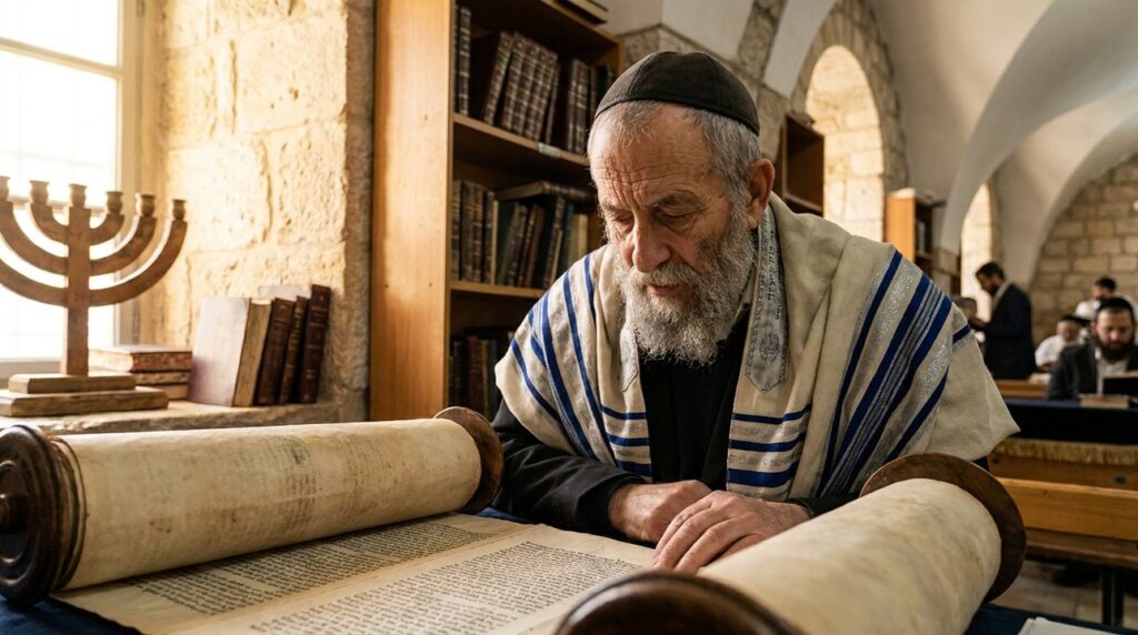 Elderly Jewish man in tallit reads Torah in Jerusalem synagogue.