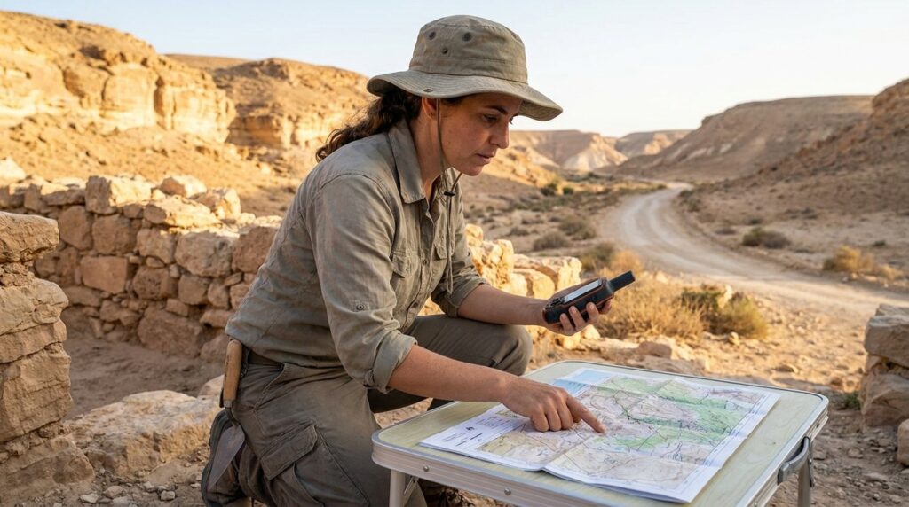Israeli archaeologist using GPS and map at Negev desert ruins.