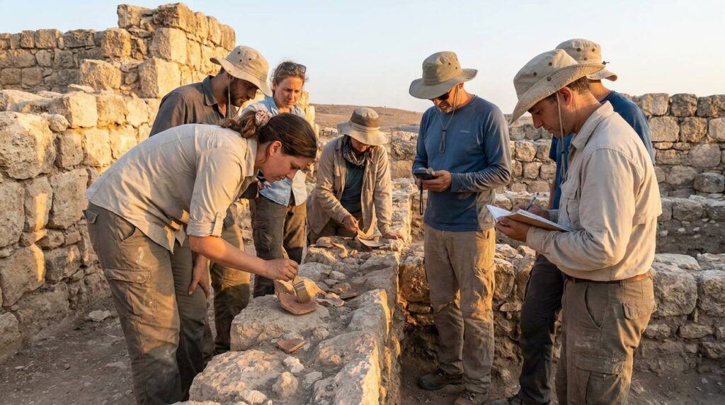 Archaeologists examining ancient ruins in Bethel, Israel with tools.
