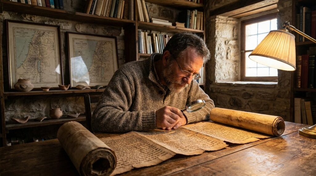 Middle-aged Israeli historian reading ancient scrolls at a wooden table.