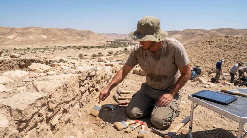 Israeli archaeologist examines ancient ruins at Achor with tools.