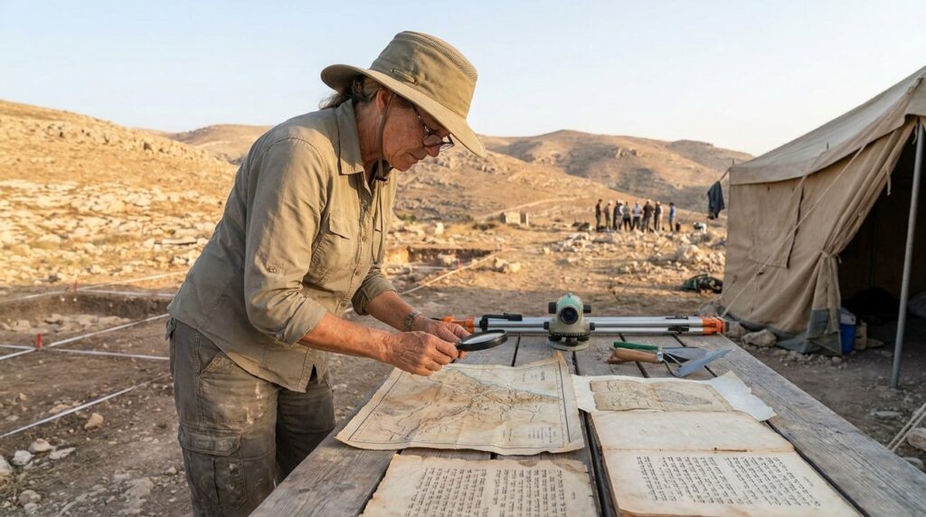Middle-aged archaeologist examines ancient maps at an excavation site.