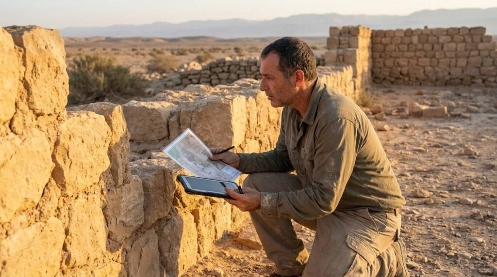 Israeli historian examining ancient ruins with map and tablet in desert.
