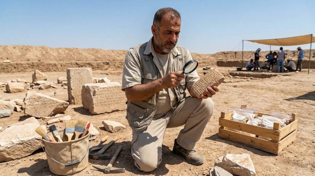 Middle Eastern archeologist examining Assyrian tablets at dusty excavation site.