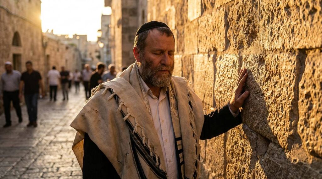 Middle-aged Jewish man in kippah and tallit in Jerusalem alleyway.