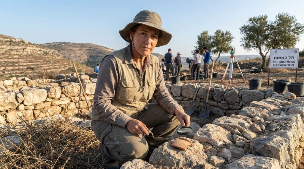 Israeli archeologist examining ruins at Michmas with tools in background.