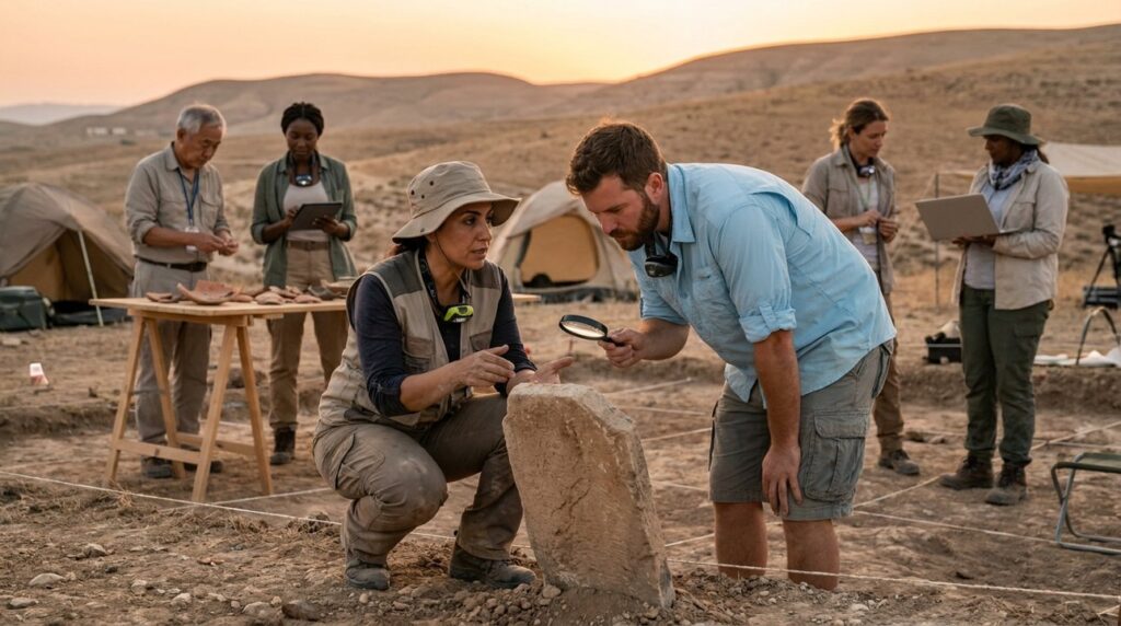 Archeologists examining artifacts at Beth-peor in soft evening light.