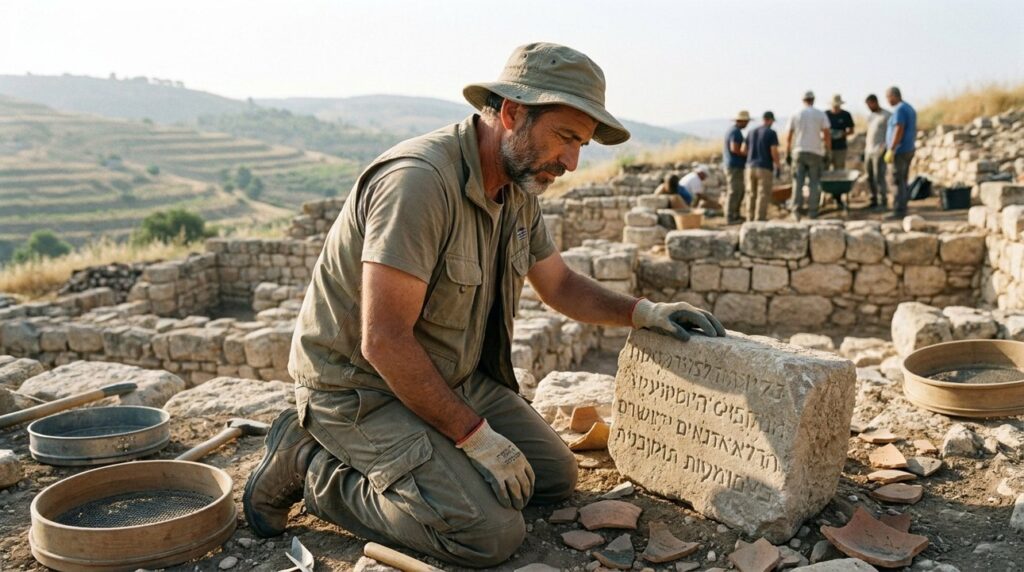 Israeli archaeologist examines ancient ruins in Gilead with excavation tools.