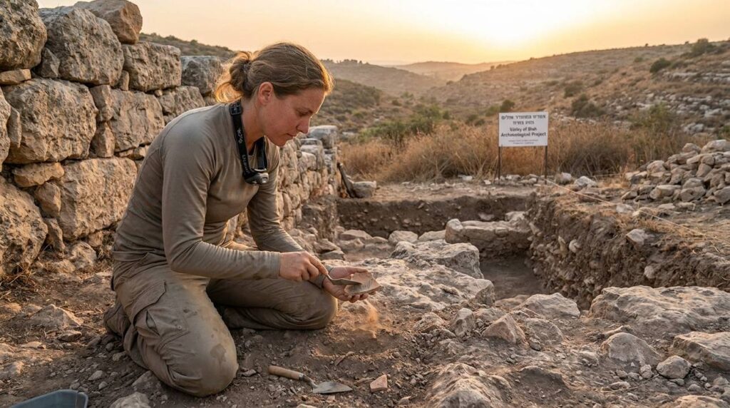 Israeli archaeologist examines ancient relics in a historic valley.