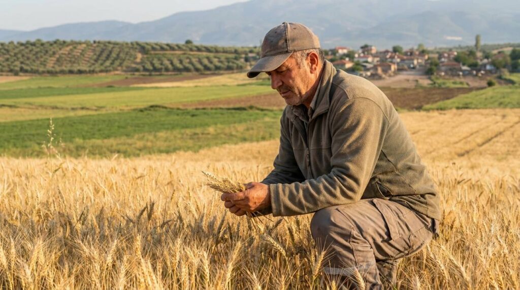 Turkish farmer inspects grain field in Bithynia with distant olive groves.