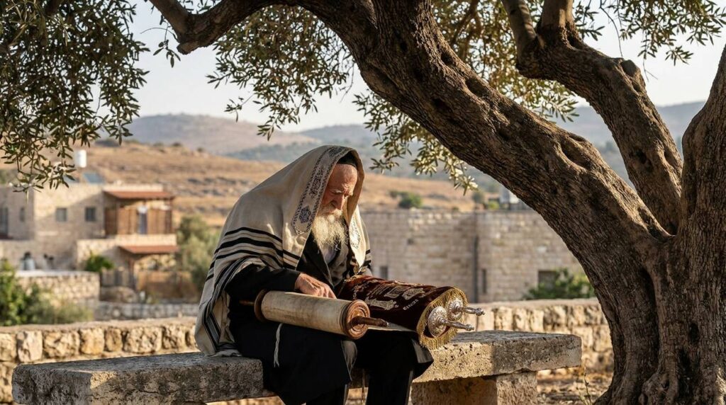 Elderly Israeli man in tallit reads Torah under olive tree.