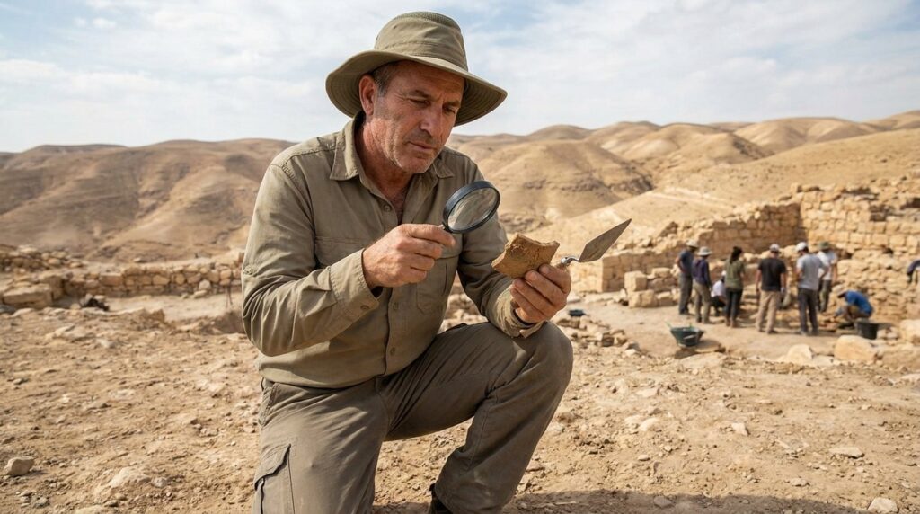 Israeli archaeologist examines pottery at dig site near Jerusalem.
