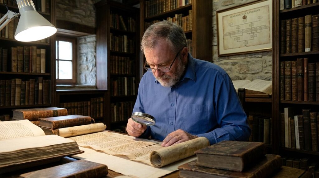Israeli historian examines ancient scrolls in a dimly lit library.