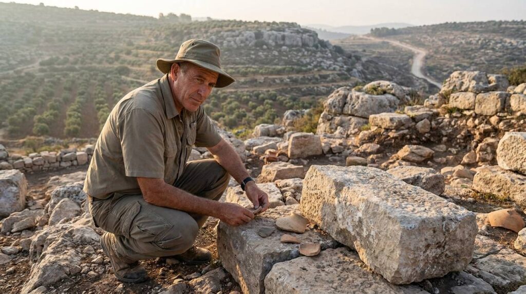 Israeli archaeologist examines ancient ruins in Samaria's rugged hills.