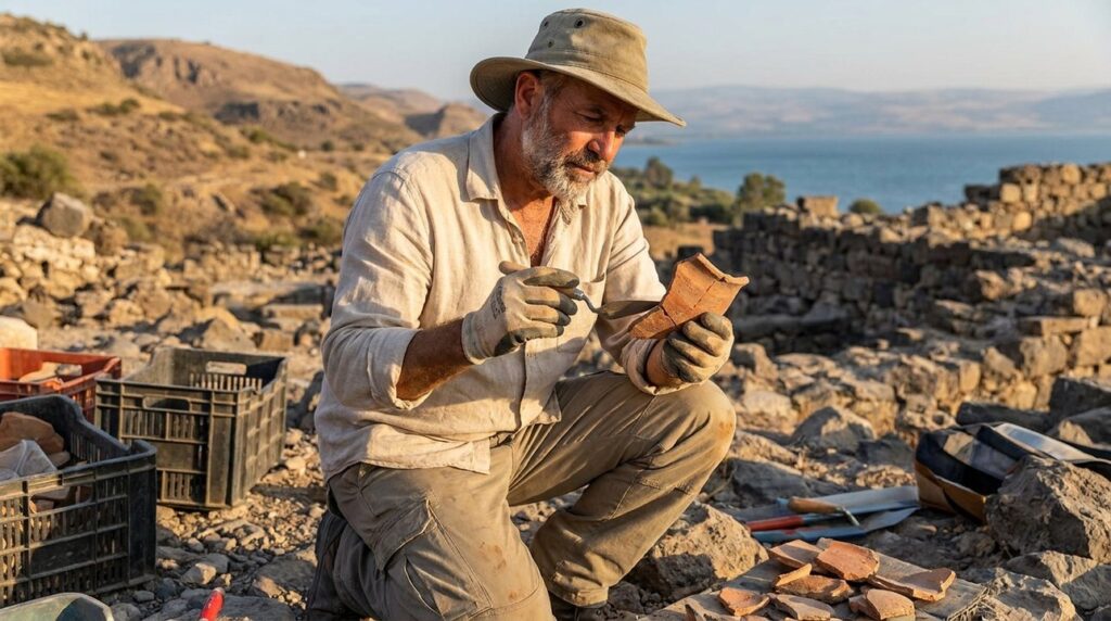 Israeli archaeologist examines ancient pottery at Tabgha historical site.