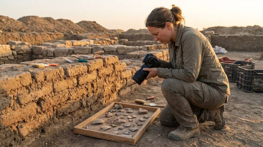 Israeli archaeologist documents artifacts at Tell el-Maskhuta excavation site.