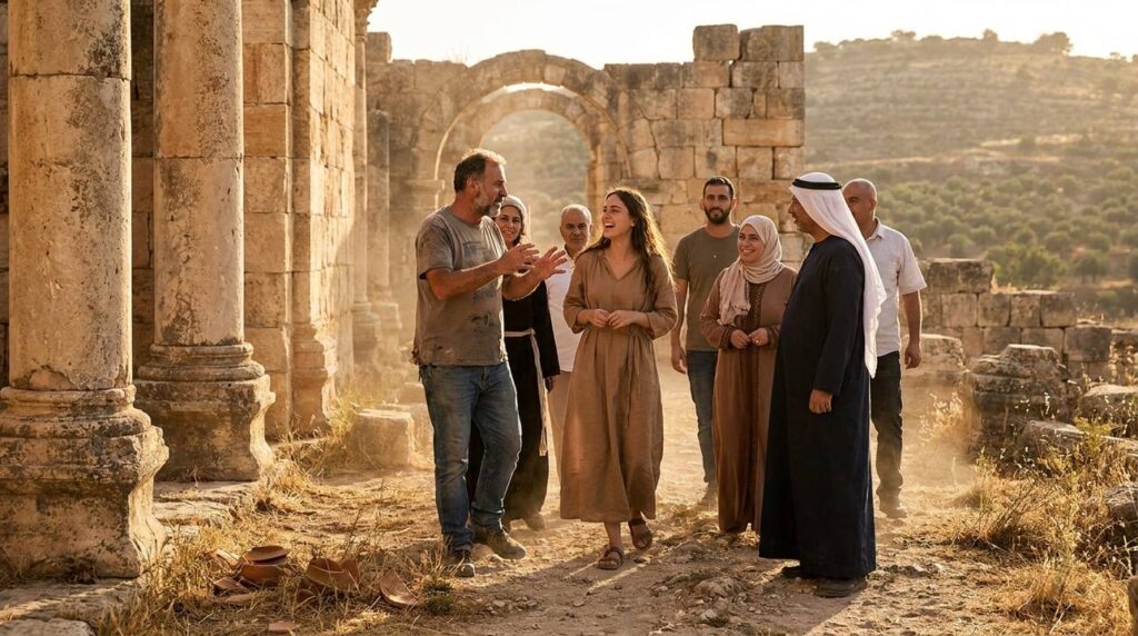 Group of people discussing near ancient Samarian ruins at sunset.