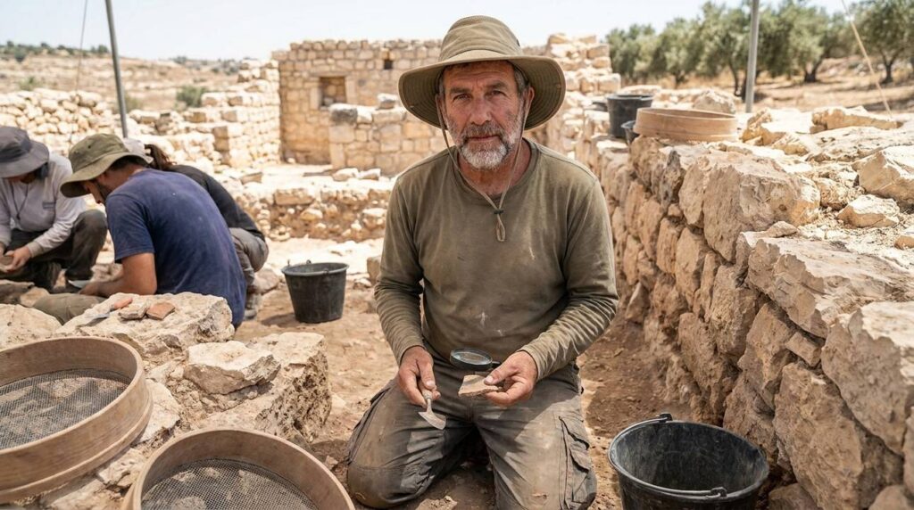 Israeli archaeologist examines artifacts at Jerusalem dig site.