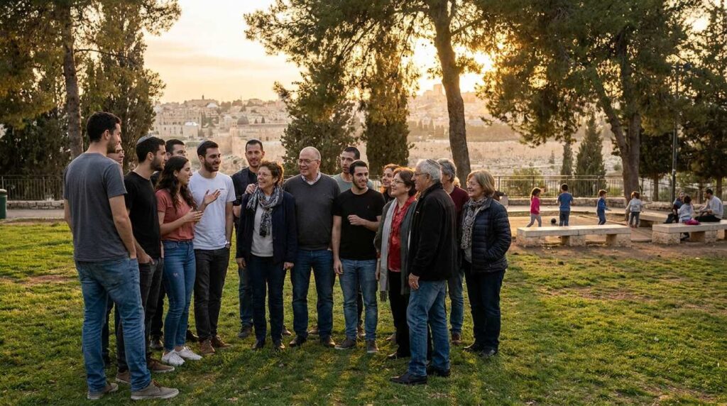 Diverse group of Israelis discussing in a park, Jerusalem background.