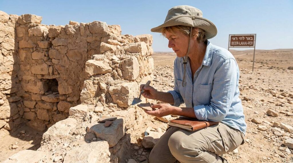 Israeli archaeologist examines ancient ruins in desert landscape.