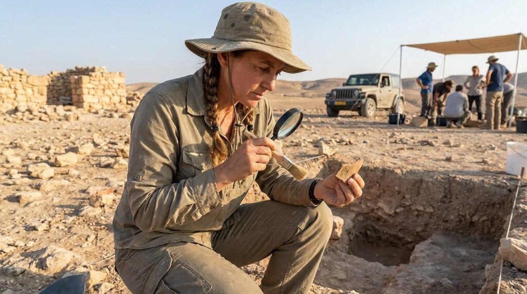 Israeli archaeologist examines artifacts in Negev desert landscape.