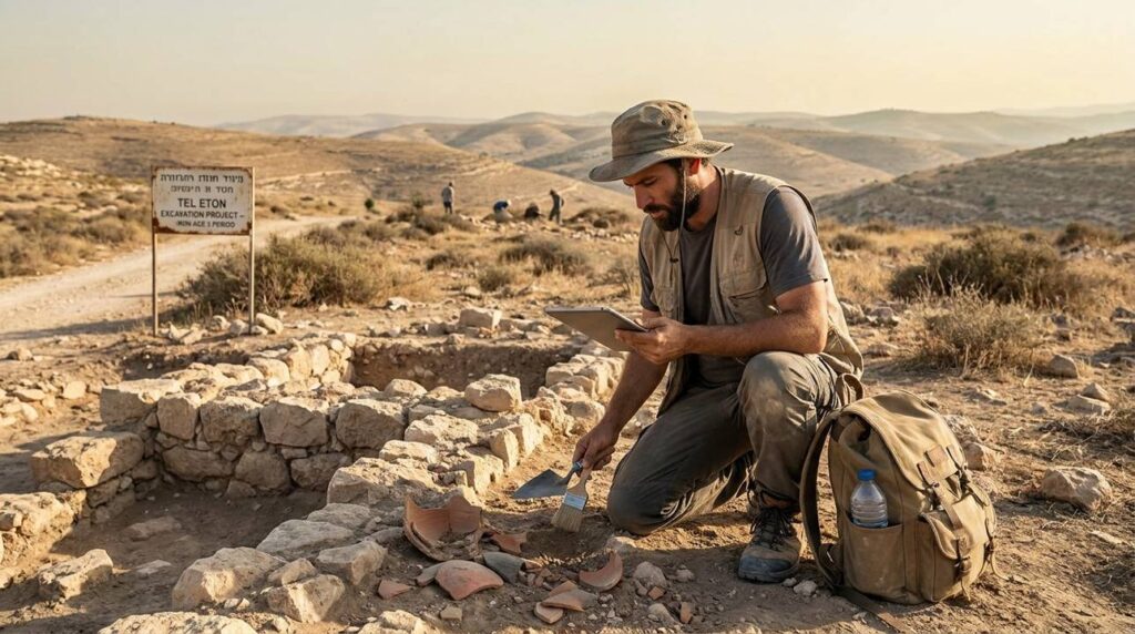 Israeli archaeologist examines ancient ruins in the Judean hills.