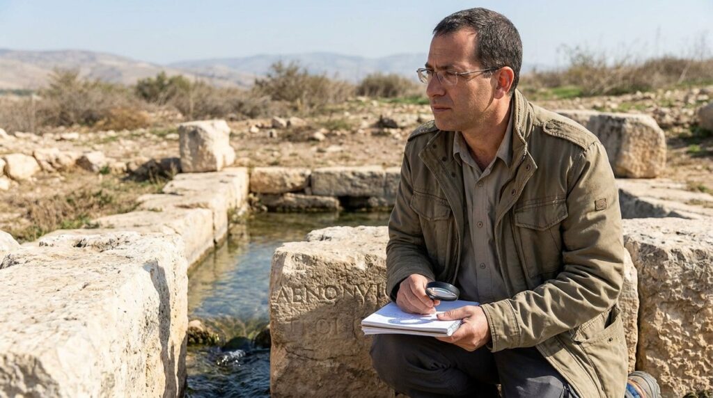 Israeli historian in professional attire examines ancient ruins near water.