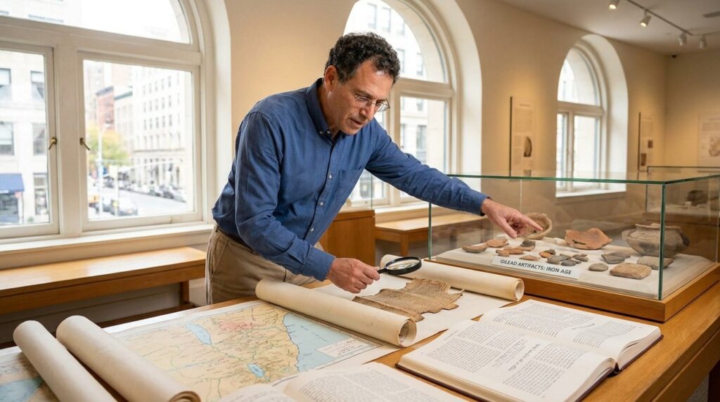 Israeli historian examines Jephthah artifacts in a well-lit museum.