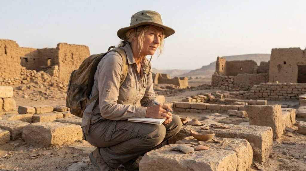 Israeli historian examines artifacts in Padan Aram desert ruins.