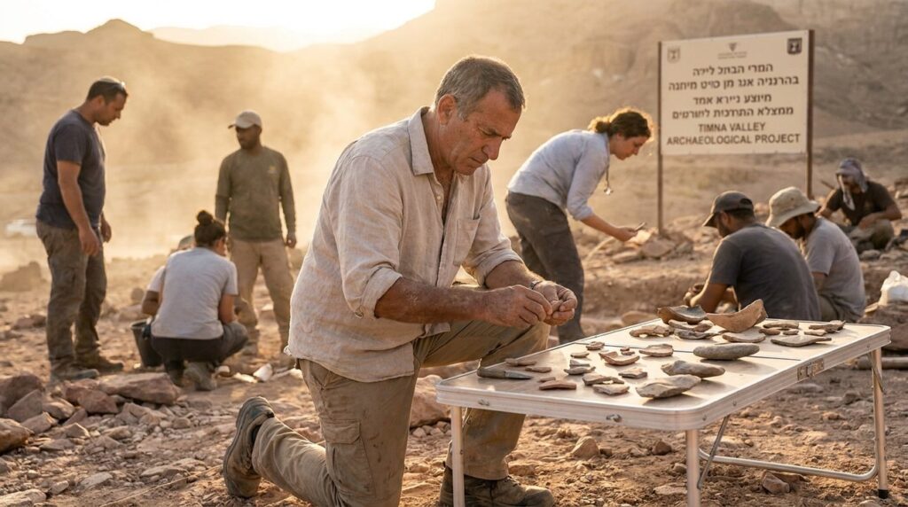 Israeli historian examines Midianite artifacts in Negev desert at sunset.