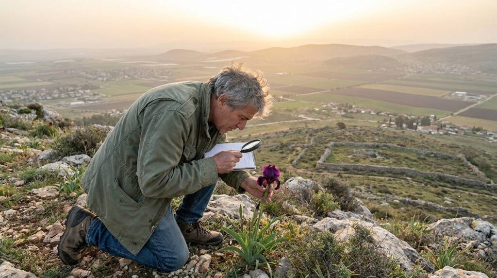 Middle-aged Israeli historian examining Gilboa Iris, Jezreel Valley background.