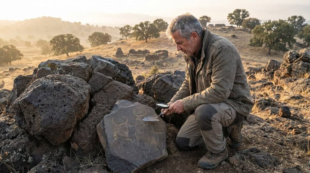 Middle-aged Israeli historian examines ancient stones in Bashan landscape.