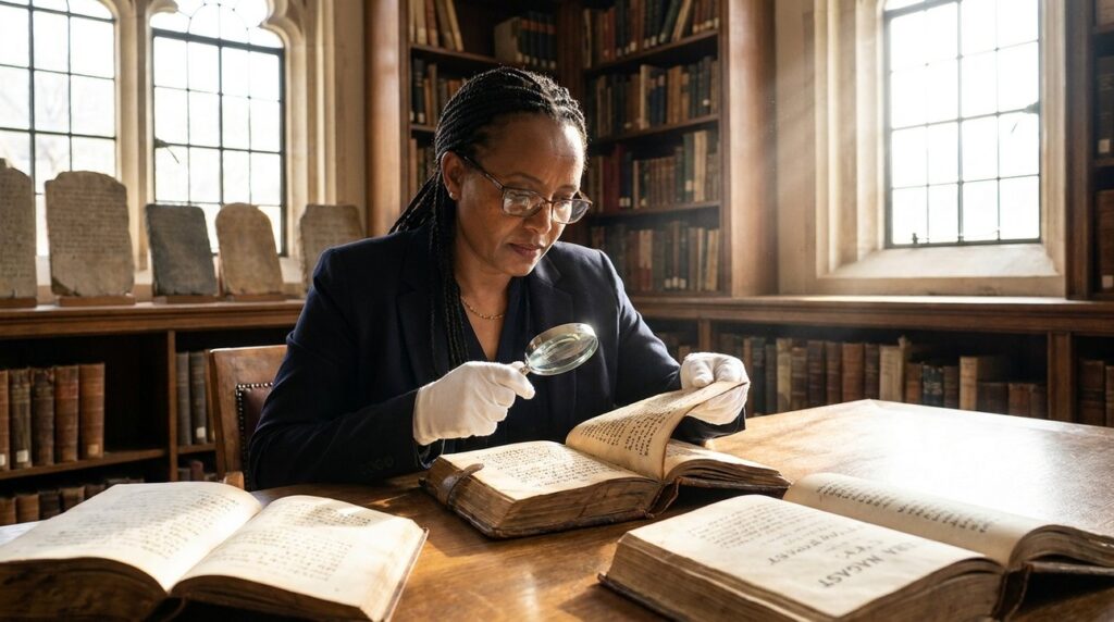 Ethiopian historian examines ancient manuscripts in a serene library setting.