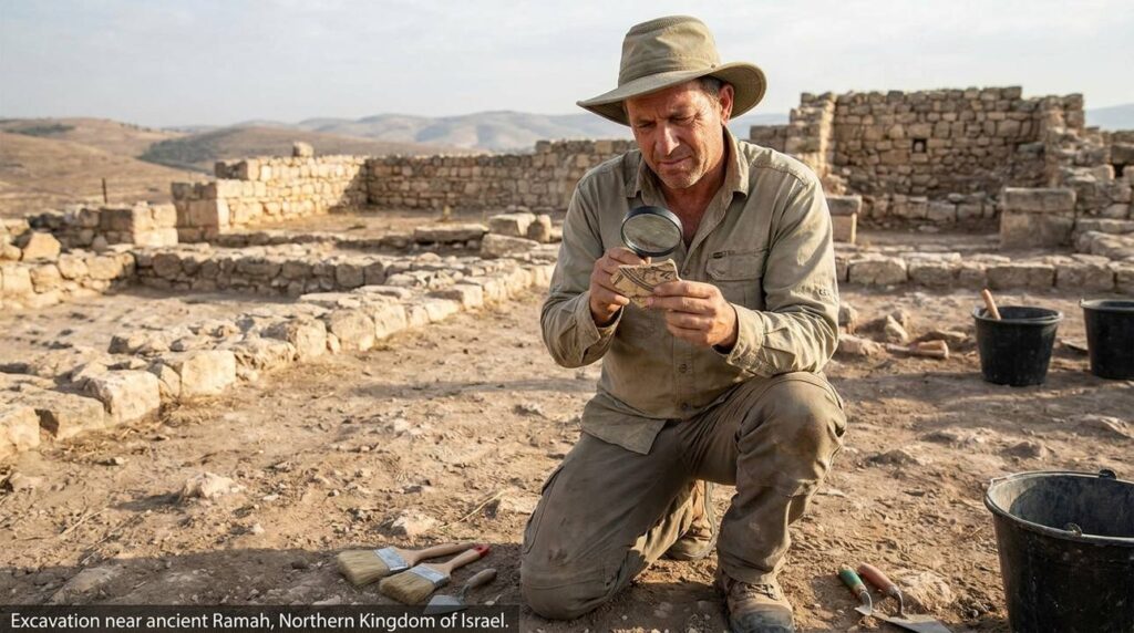Archaeologist examines pottery shards at Ramah excavation site.
