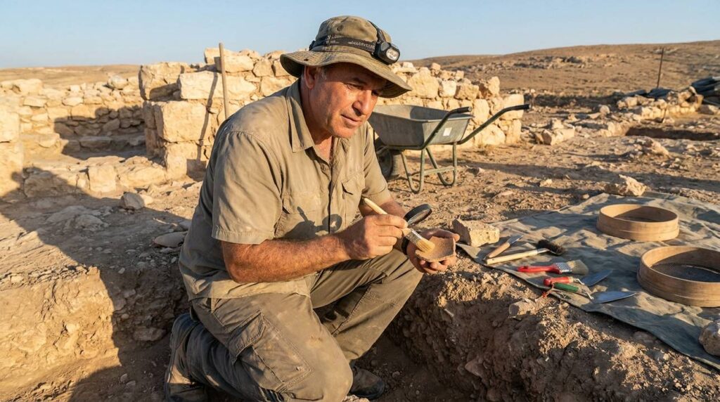 Israeli archaeologist examines artifacts at Bishar ruins site.