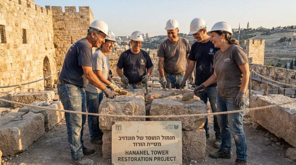 Diverse Israeli archaeologists restoring Hananel Tower in Jerusalem at sunset.