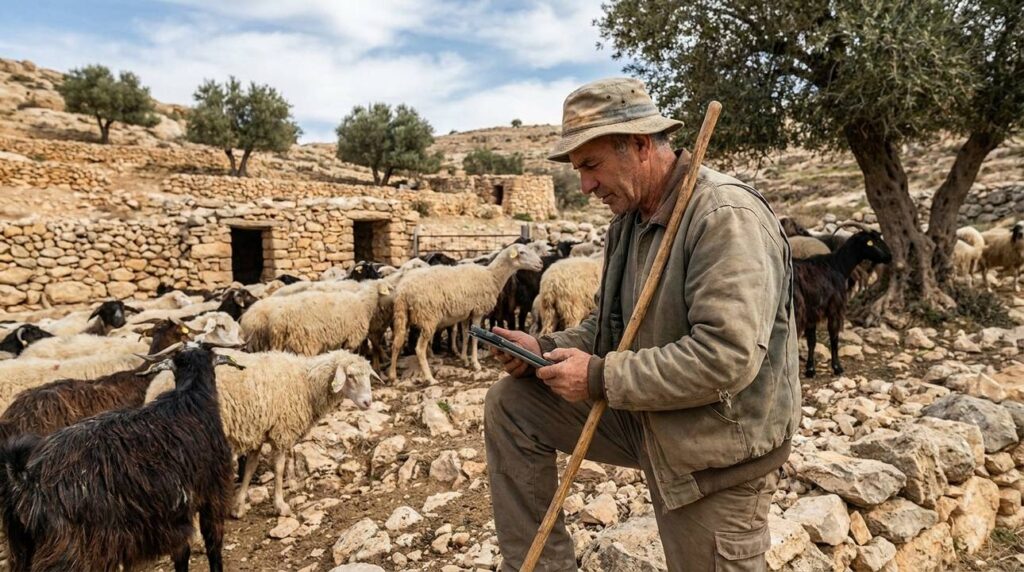Israeli farmer in his 50s tending sheep in hilly Maon.