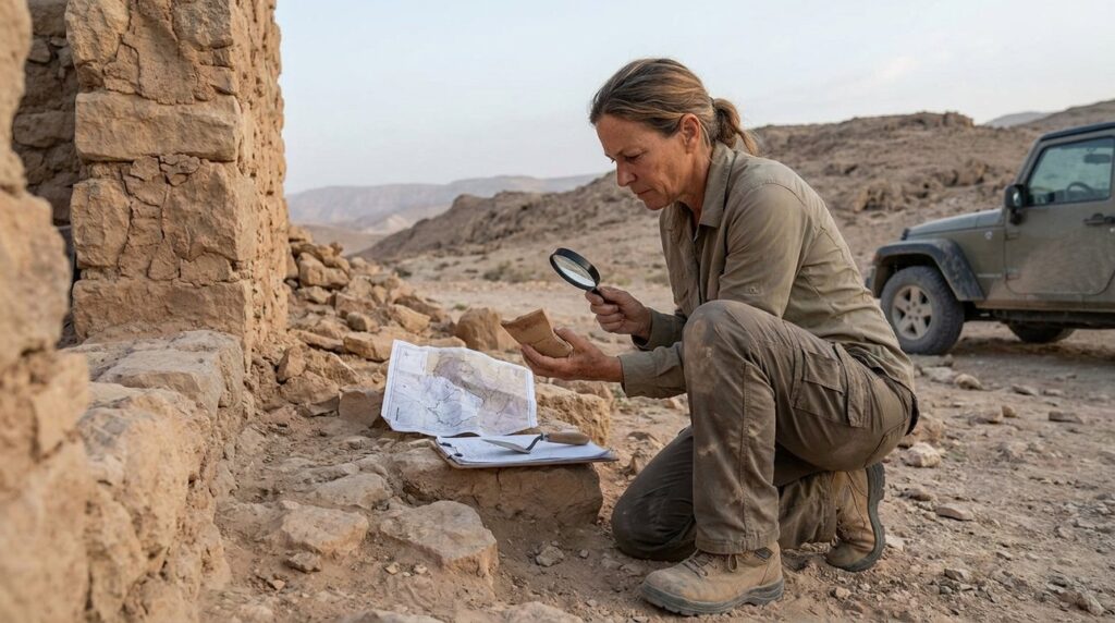Israeli archaeologist examining ancient ruins in Paran desert with tools.