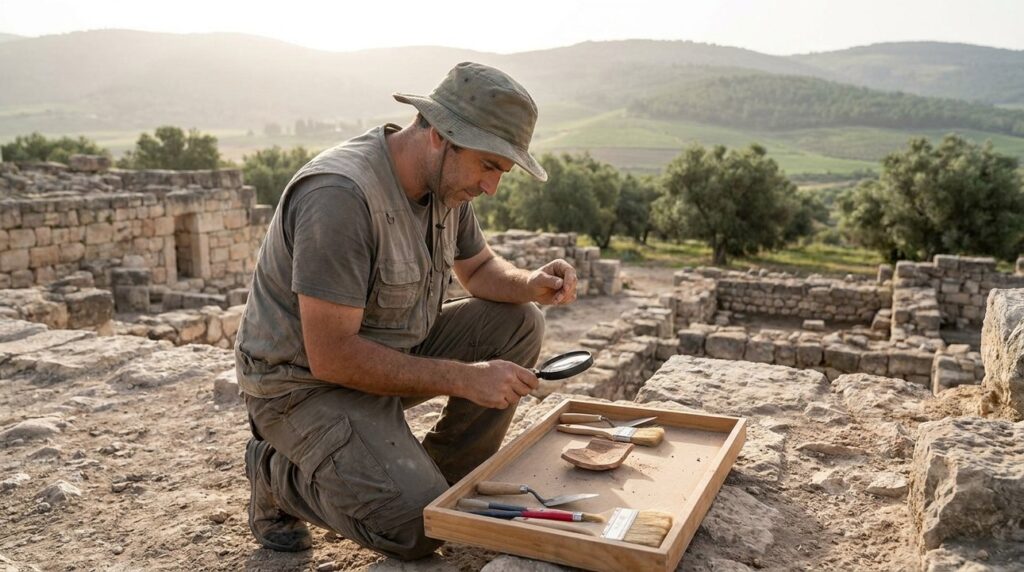 Israeli archaeologist examines artifacts at Shunem ruins in morning light.
