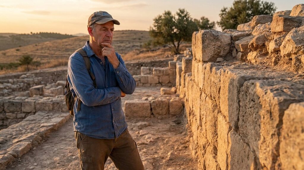 Israeli man contemplates ancient ruins at Moresheth-Gath during golden hour.