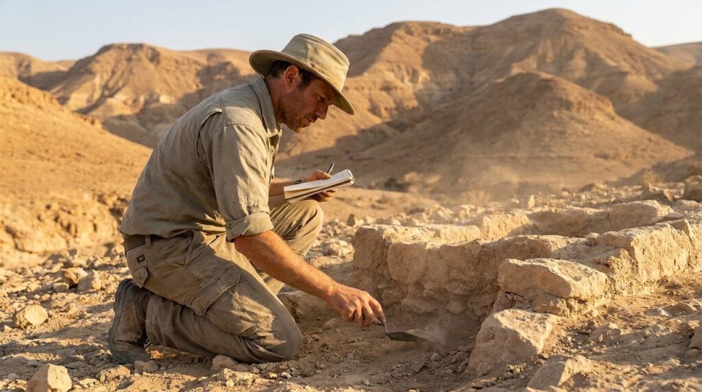 Archaeologist examining ancient ruins in Israeli desert, late afternoon.